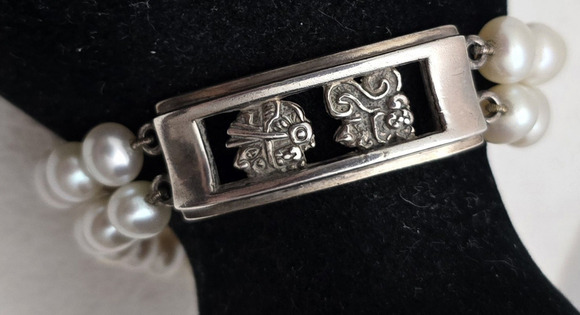Unbranded Jewelry - Vintage Mayan Head Sterling Silver Pearl Bracelet 5/8" Wide Signed MO